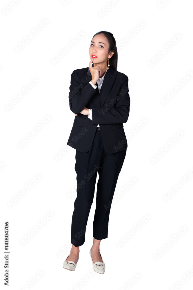 thinking business woman isolated on white background having an idea. thinking business woman isolated on white background having an idea.