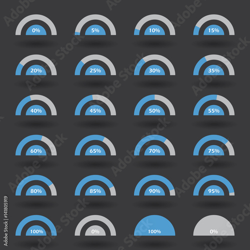 Business infographic icons elements template pie semicircle graph percentage blue chart with step of 5. 0 5 10 15 20 25 30 35 40 45 50 55 60 65 70 75 80 85 90 95 100 % set. Vector illustration.