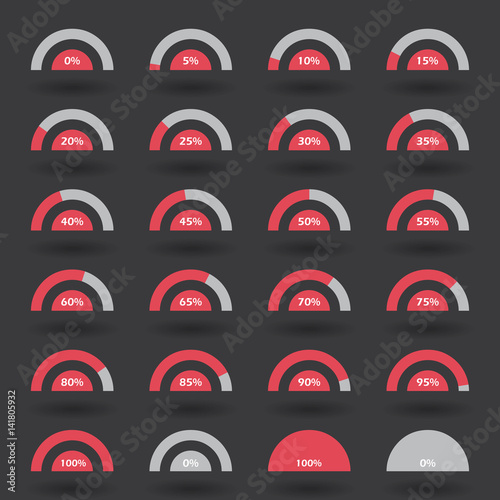 Business infographic icons elements template pie semicircle graph percentage red chart with step of 5. 0 5 10 15 20 25 30 35 40 45 50 55 60 65 70 75 80 85 90 95 100 % set. Vector illustration.