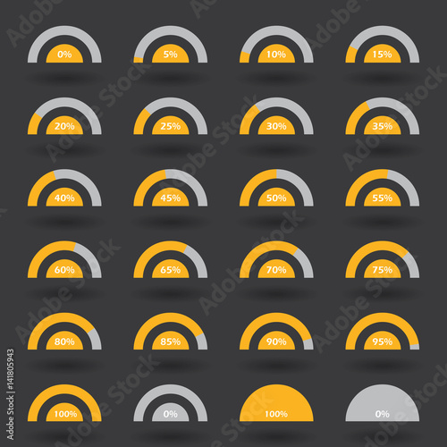 Business infographic icons elements template pie semicircle graph percentage orange chart with step of 5. 0 5 10 15 20 25 30 35 40 45 50 55 60 65 70 75 80 85 90 95 100 % set. Vector illustration.