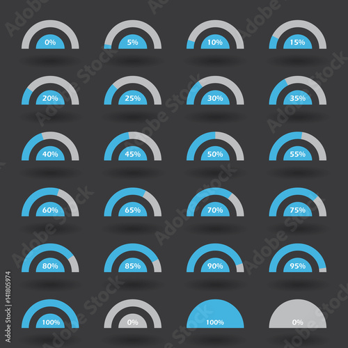Business infographic icons elements template pie semicircle graph percentage blue chart with step of 5. 0 5 10 15 20 25 30 35 40 45 50 55 60 65 70 75 80 85 90 95 100 % set. Vector illustration.