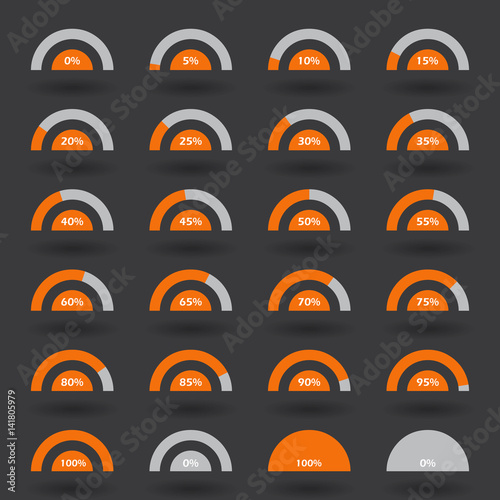 Business infographic icons elements template pie semicircle graph percentage orange chart with step of 5. 0 5 10 15 20 25 30 35 40 45 50 55 60 65 70 75 80 85 90 95 100 % set. Vector illustration.