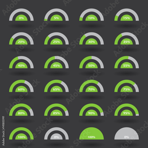 Business infographic icons elements template pie semicircle graph percentage green chart with step of 5. 0 5 10 15 20 25 30 35 40 45 50 55 60 65 70 75 80 85 90 95 100 % set. Vector illustration.