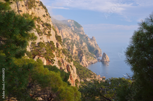 Seascape with beautiful rocks and pine trees in the mountains