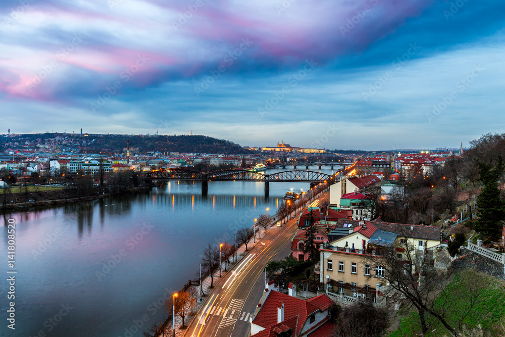 View from the Vysehrad to the castle and river Vltava with bridges, Prague, Czech republic. Travel destination