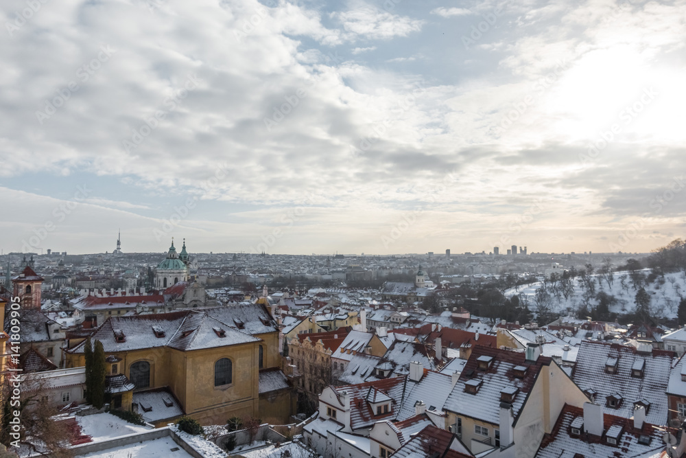 View of Prague under the snow in winter