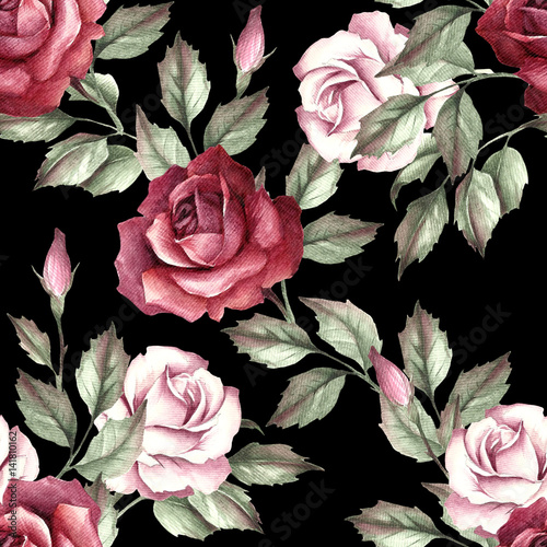 Naklejki na meble z roślinnym motywem róży malowanej akwarelą na ciemnym tle