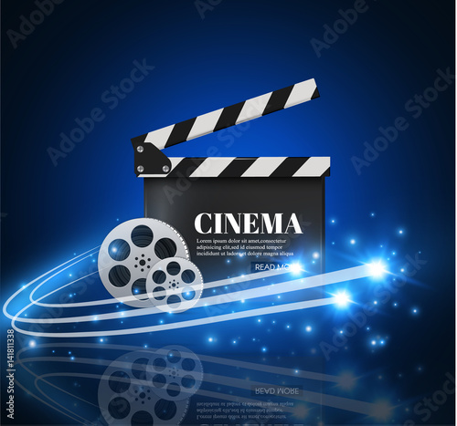 Cinema Background With Movie.Blue background with light star.Clapper Board. Vector Flyer Or Poster. Illustration Of Film Industry. Template For Your Design