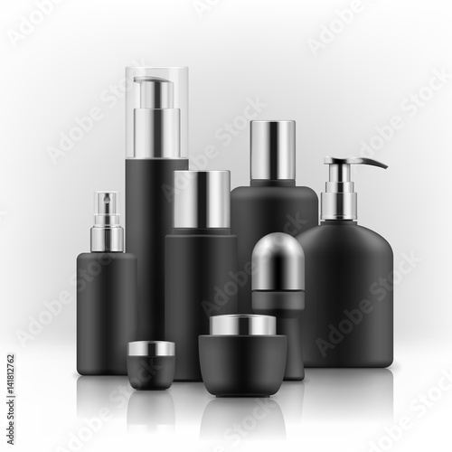 Blank templates of empty black and silver package for cosmetic products: tube and jar for cream, bottle for shampoo, soap with pump, foam, deodorant, hair spray. Realistic mockup of plastic containers