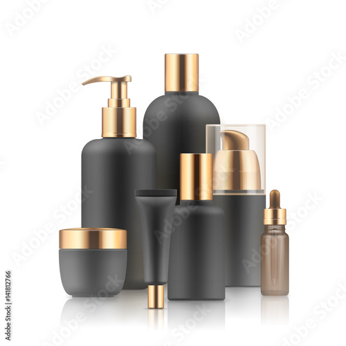 Elegant realistic packages for cosmetic product. Blank templates of containers: vial with dropper, bottle for shower gel, lotion, shampoo with pump dispenser, jar, tube for cream. Black and golden