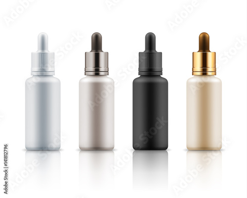 Set of realistic glass bottles with dropper. Cosmetic flask or vials for organic aroma oil, anti-aging essential, collagen serum for beauty. Mock up vector flacons illustration isolated on white