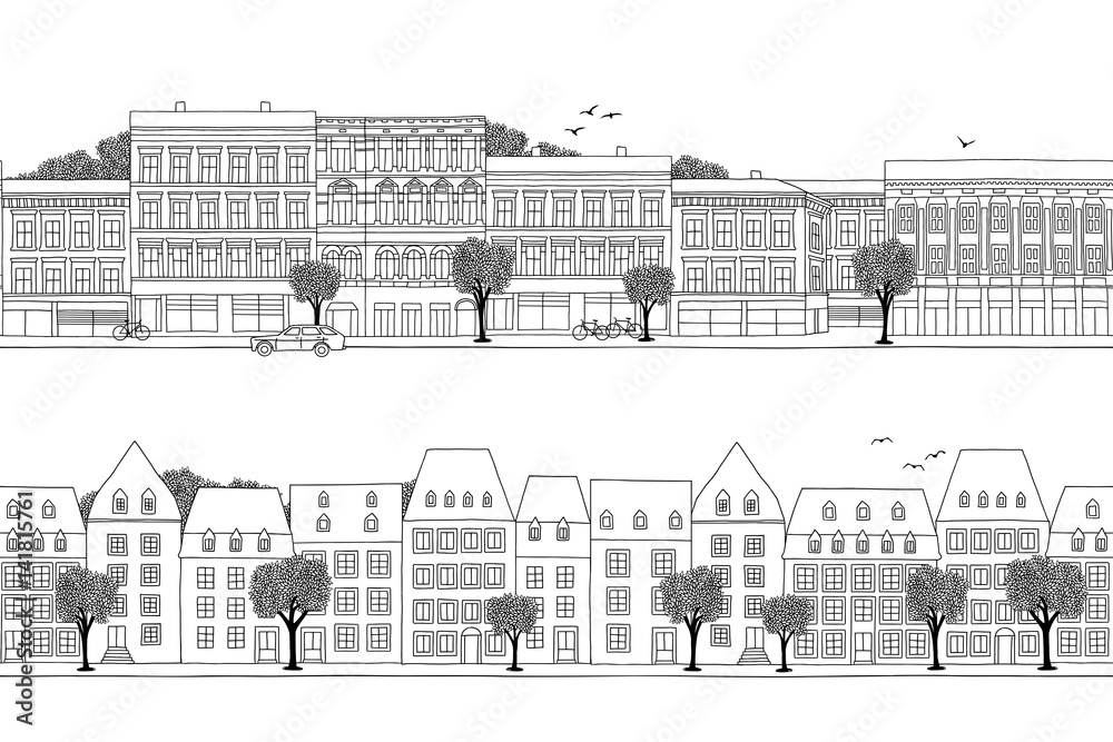 Two hand drawn seamless city banners - Luxembourg & Oslo style houses
