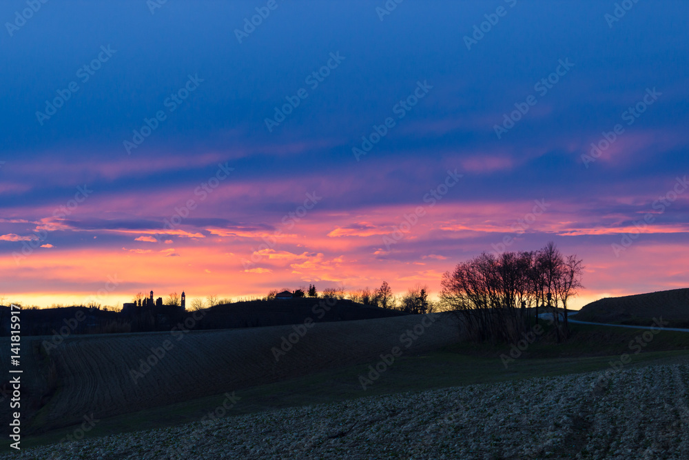 Blue hour in the Monferrato hills in winter(Piedmont, Italy).  Peaceful sight