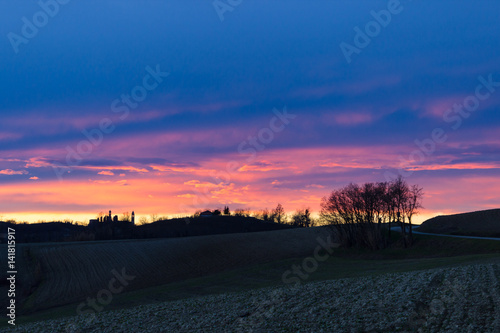 Blue hour in the Monferrato hills in winter(Piedmont, Italy). Peaceful sight