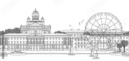 Helsinki, Finland - Seamless banner of the city’s skyline, hand drawn black and white illustration