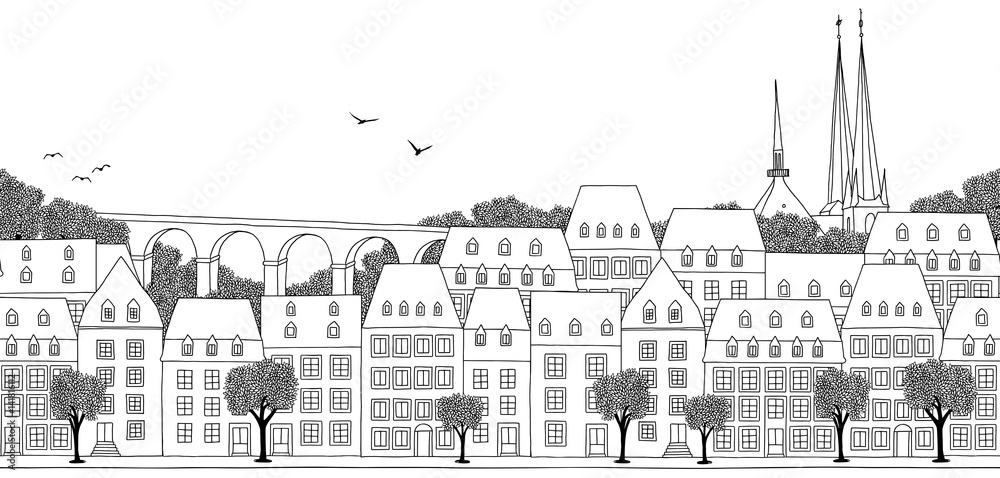 Obraz premium Luxembourg City, Luxembourg - Seamless banner of the city’s skyline, hand drawn black and white illustration