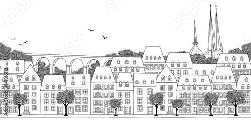 Luxembourg City, Luxembourg - Seamless banner of the city’s skyline, hand drawn black and white illustration