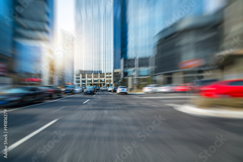 blurred motion traffic in the downtown district