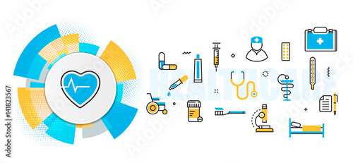 Flat line vector design concept of medicine and healthcare, clinic, hospital, ambulance service banner for website header and landing page in circles digital element, linear, timeline, infographics