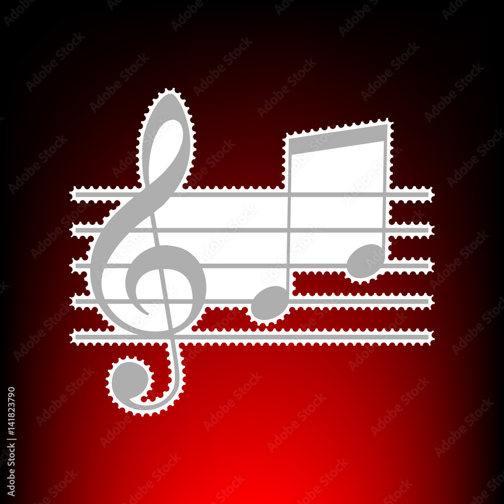 Music violin clef sign. Gclef and notes G, H. Postage stamp or old