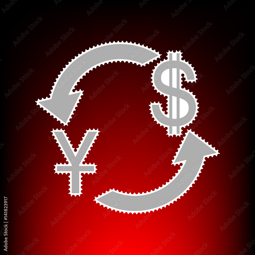 Currency exchange sign. China Yuan and US Dollar. Postage stamp or old photo style on red-black gradient background. Currency exchange sign. China Yuan and US Dollar. Postage stamp or old photo style on red-black gradient background.