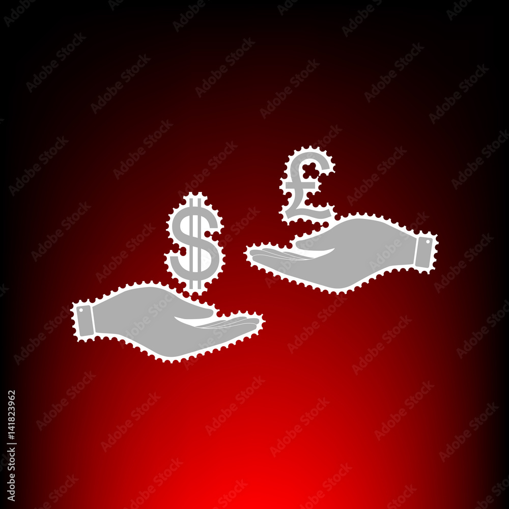 Currency exchange from hand to hand. Dollar and Pound. Postage stamp or old photo style on red-black gradient background. Currency exchange from hand to hand. Dollar and Pound. Postage stamp or old photo style on red-black gradient background.