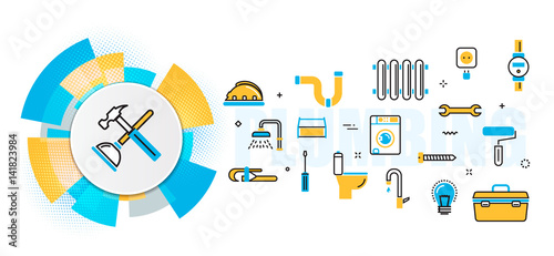 Flat line vector design concept of plumbing and handyman service, house problems, painting, repair banner for website header and landing page in circles digital element, linear, timeline, infographics