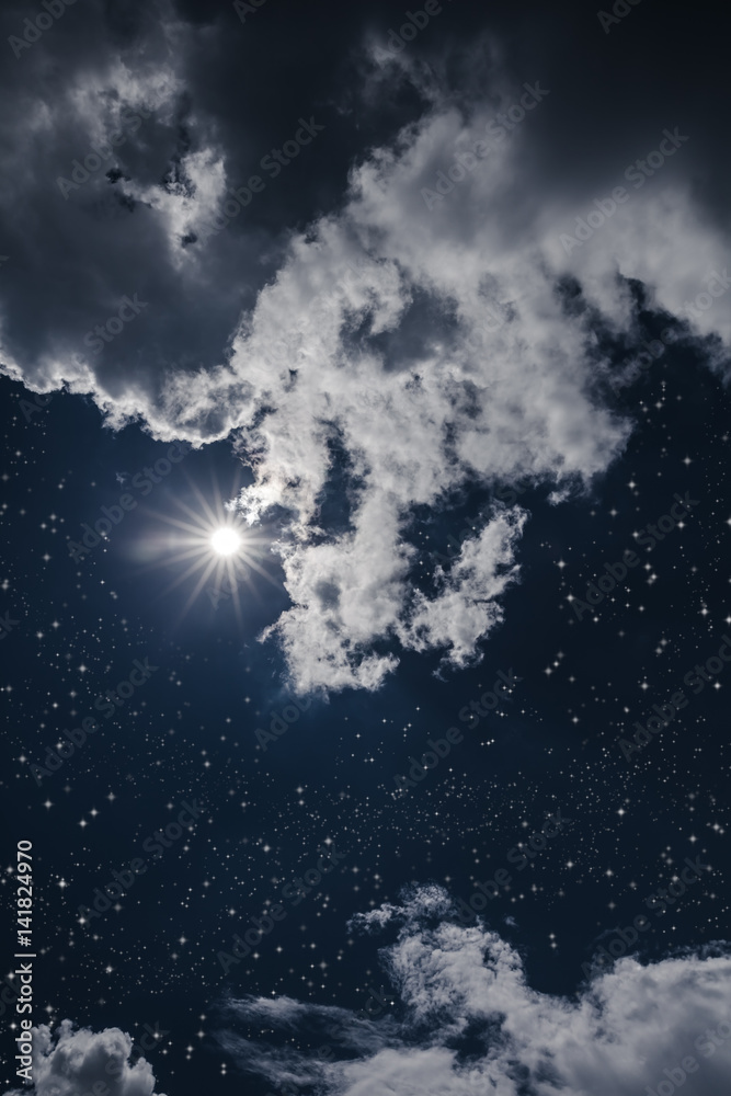 Foto de Amazing dark night sky with many stars, bright full moon and