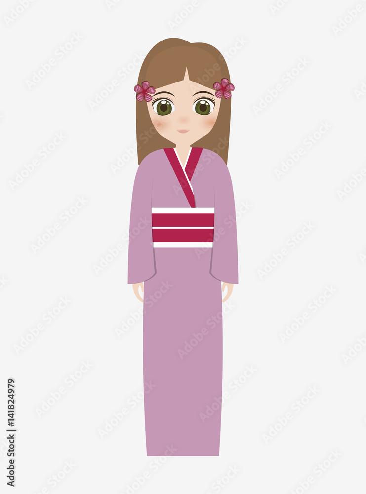 japanese girl wearing kimono cartoon icon over white background. colorful design. vector illustration japanese girl wearing kimono cartoon icon over white background. colorful design. vector illustration