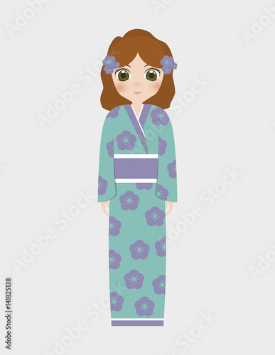 japanese girl wearing kimono cartoon icon over white background. colorful design. vector illustration