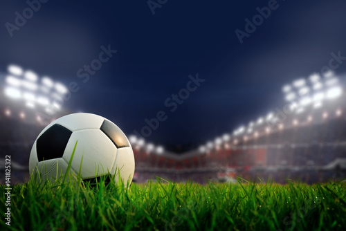 soccer field and stadium with fans the night before the match, soccer stadium, soccer match, soccer on grass.