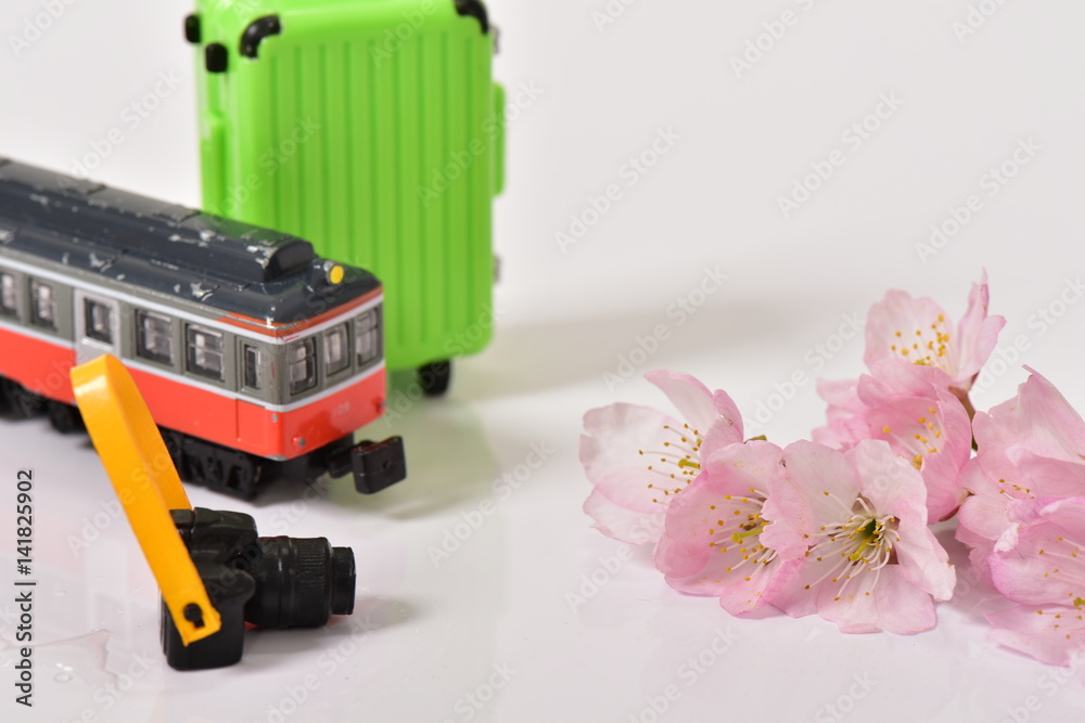 桜の花と電車の玩具