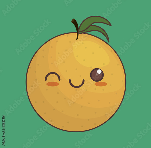 kawaii orange fruit icon over green background. colorful design. vector illustration