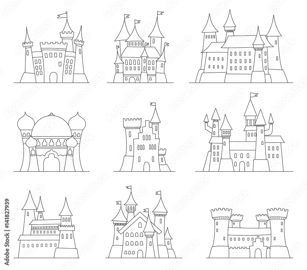 Castles and fortresses flat design vector icons. Set of 9 illustrations of ruins, mansions, palaces, villas and other medieval buildings.