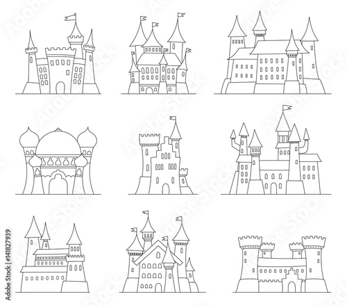 Castles and fortresses flat design vector icons. Set of 9 illustrations of ruins, mansions, palaces, villas and other medieval buildings.
