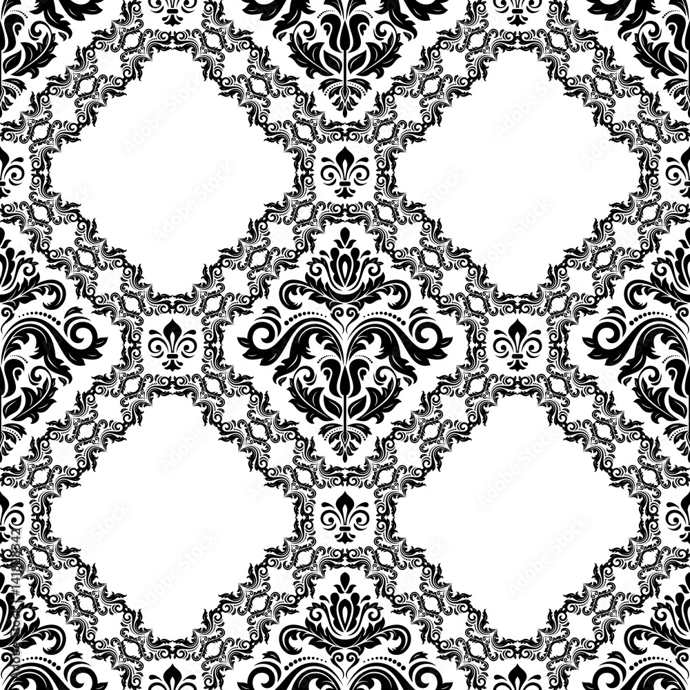 Damask vector classic black and white pattern. Seamless abstract ...