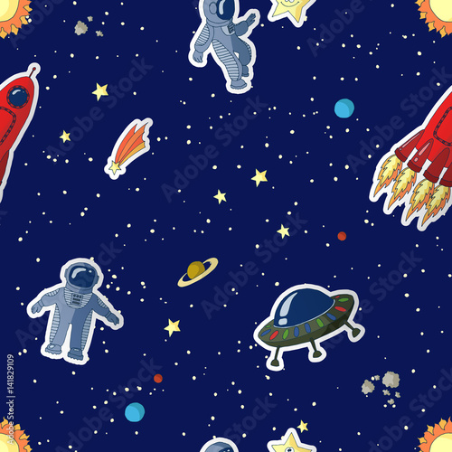 Vector seamless pattern illustration of an astronaut in different poses, a red rocket, a UFO, a yellow star, a planet, a comet, the sun on a dark blue background