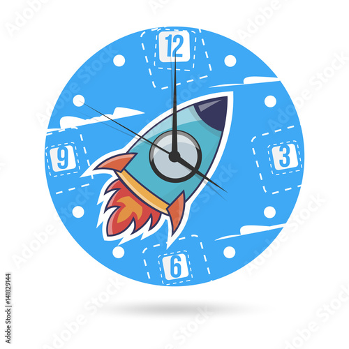 Kids illustration dial plate. Clock face with a rocket.