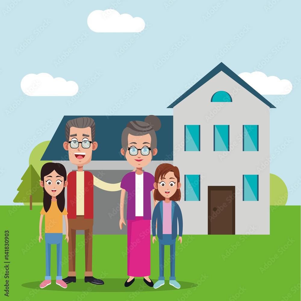 grandparents with girls house bakcground vector illustration eps 10