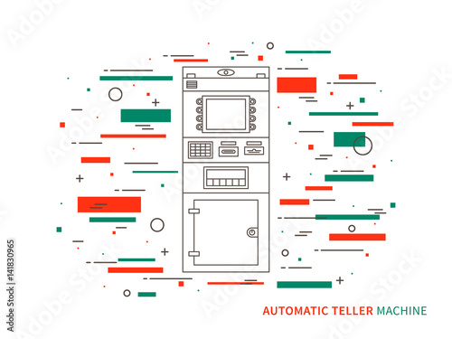 Vector automatic teller machine (ATM, cash dispenser, automatic cash terminal) concept graphic design illustration on white background. 
