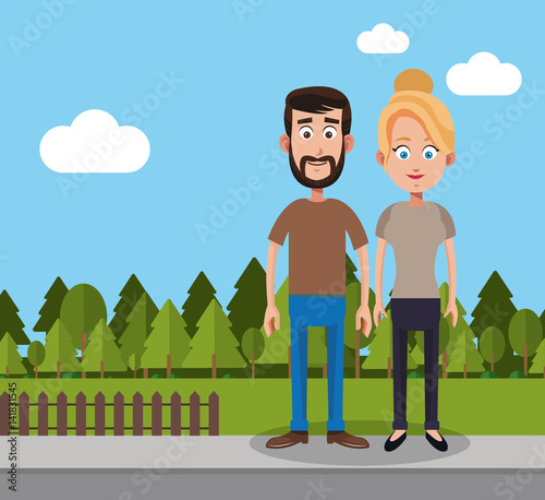 couple man and woman yard fence trees vector illustration eps 10