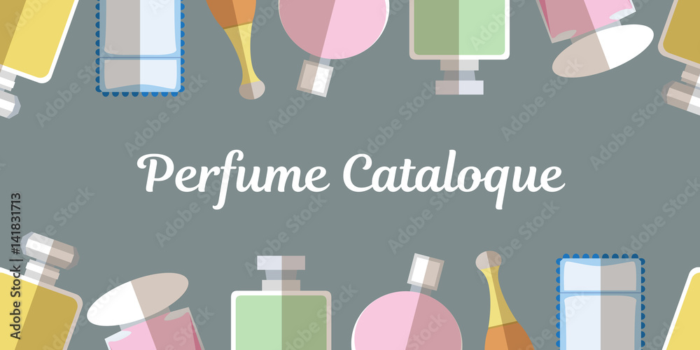 Template for perfume catalog with  color perfumery flat icons on