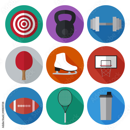Set of simple sport equipment  flat icons on color circles 