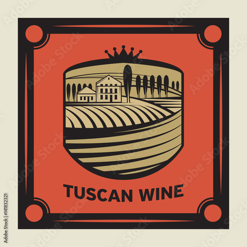 Tuscany landscape with vineyard fields and villa