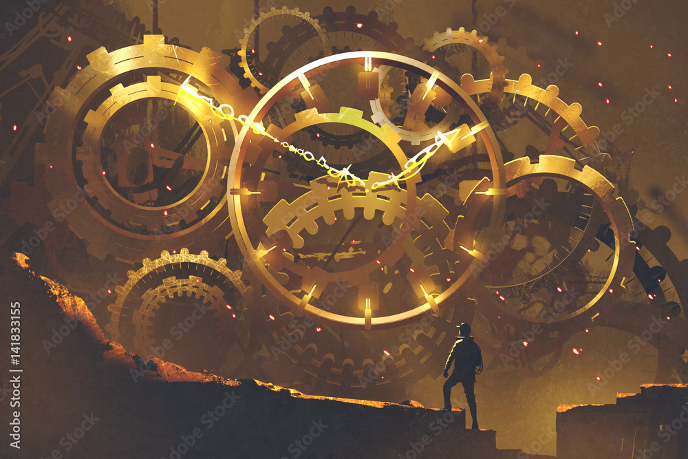 Obraz premium man standing in front of the big golden clockwork,illustration painting
