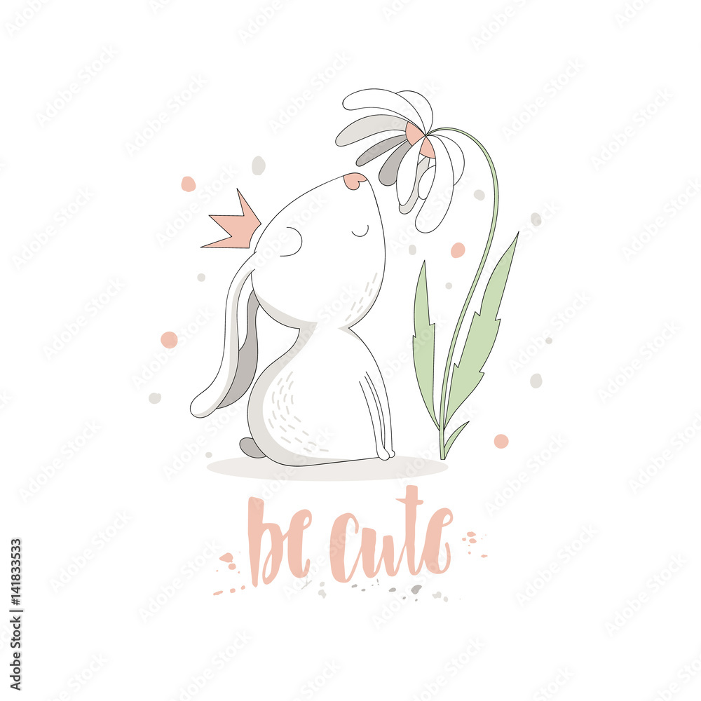 Fototapeta premium Cute rabbit with flower and inscription