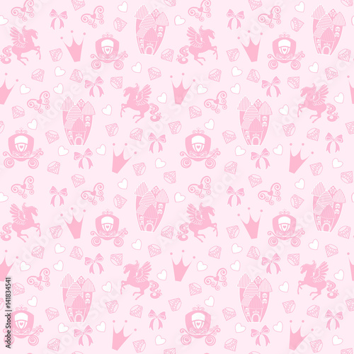 Princess Seamless Pattern for textile with castle, crown, butterfly, diamond. Abstract seamless pattern for girls. Magical Cinderella cute vector seamless pattern with Pegasus, castle, carriage.