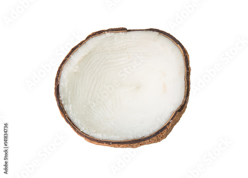 Coconut cut in half isolated on white background.