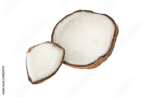Coconut cut in half isolated on white background.