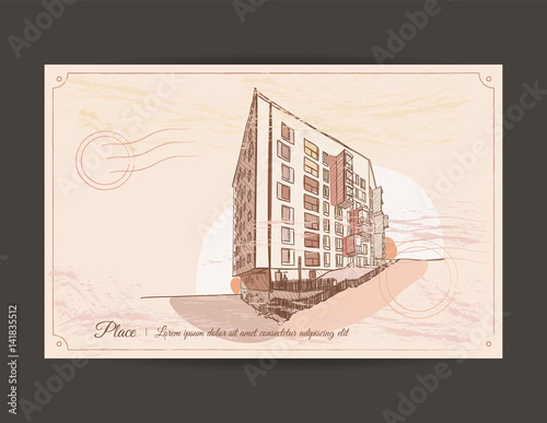 Old postcard with a picture of a building.